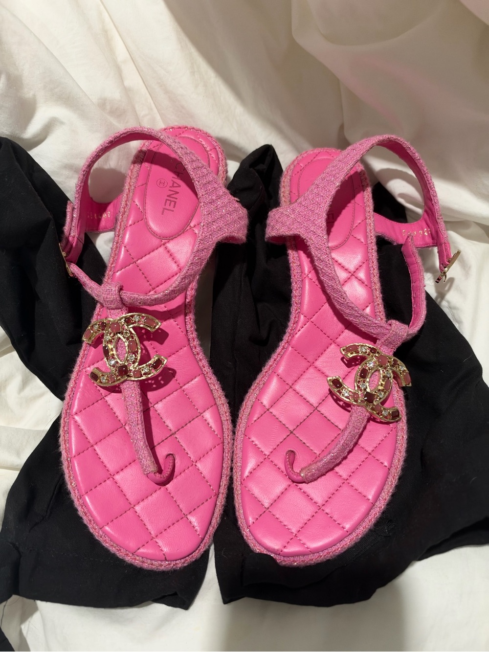 CHANEL Hot Pink Quilted T-Strap Sandals with Gold CC
